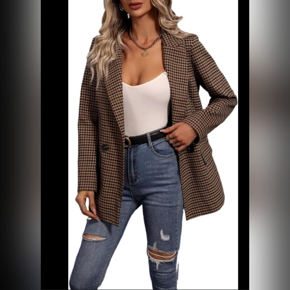 Profesional Brown and Black Checkered Double Breasted Plus Size Blazer
